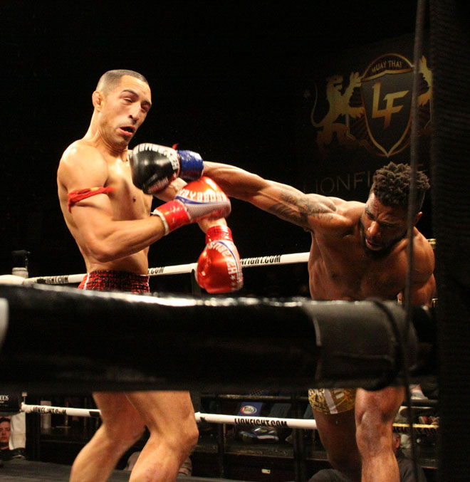 Scott Nobles drills Chip Moraza-Pollard on March 3 at Lion Fight 35.