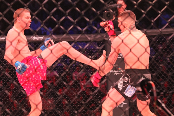 Cody Jones throws a kick at Austin Vanderford during a catchweight battle on Feb. 15 at Mohegan Sun Arena.